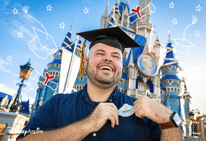 Disney Aspire; Man smiling wearing a grad cap holding his name tag