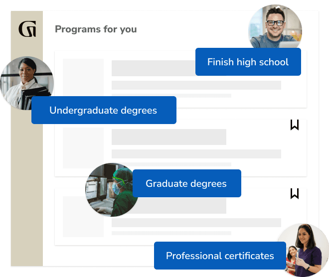 Programs for you to finish high school, get a professional certificate, an undergraduate degree, a master's degree and more.