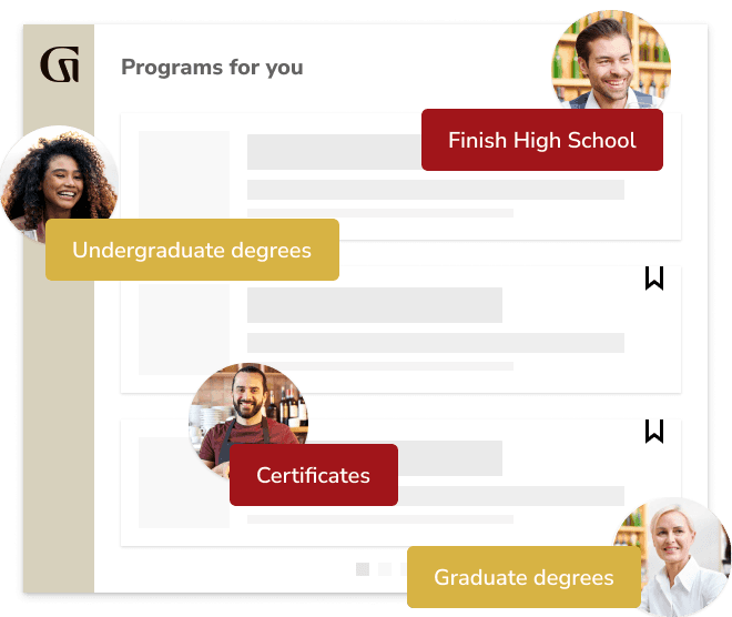 Programs for you: Finish High School, Undergraduate degrees, Certificates, Graduate degrees