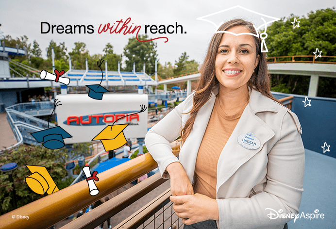 "Dreams within reach", woman smiling with an illustrated grad cap on